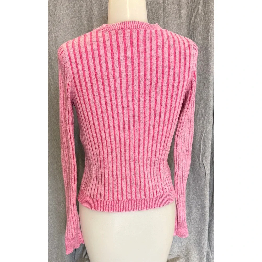 Willow Root Women Medium Knit Top Pink Striped Cutout Keyhole Ribbed Sweater - Picture 3 of 8